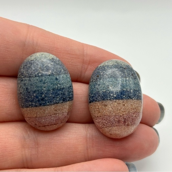 Vintage 3D Chunky Layered Pink and Blue Round Egg Pierced Stud Earrings - Picture 2 of 7